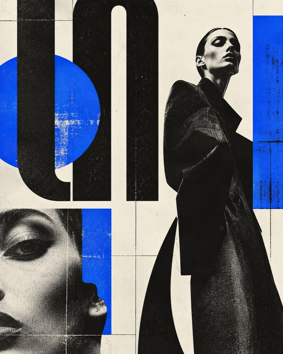 Black, ivory, and cobalt editorial collage with oversized geometric letterforms and a fashion portrait