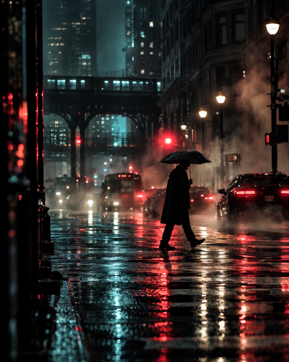 Solitary figure crossing a rain-soaked city street under restrained red and teal neon