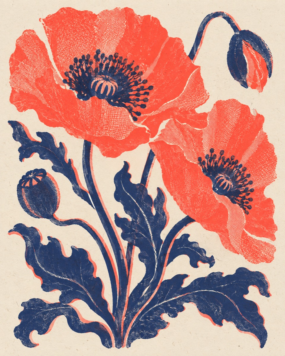 Coral and indigo risograph botanical print with visible halftone texture and misregistration