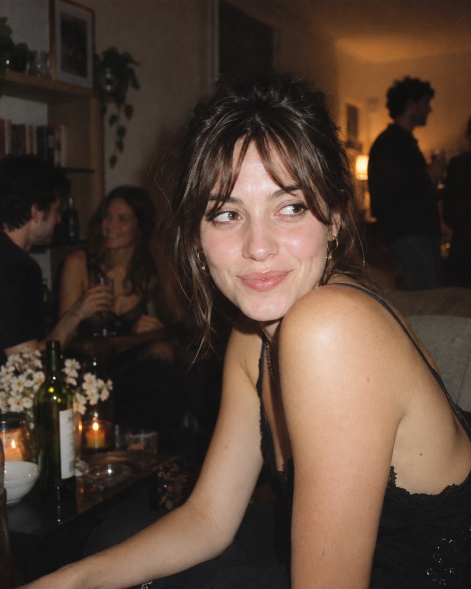 Candid close-range flash portrait at a warmly lit late-night house gathering