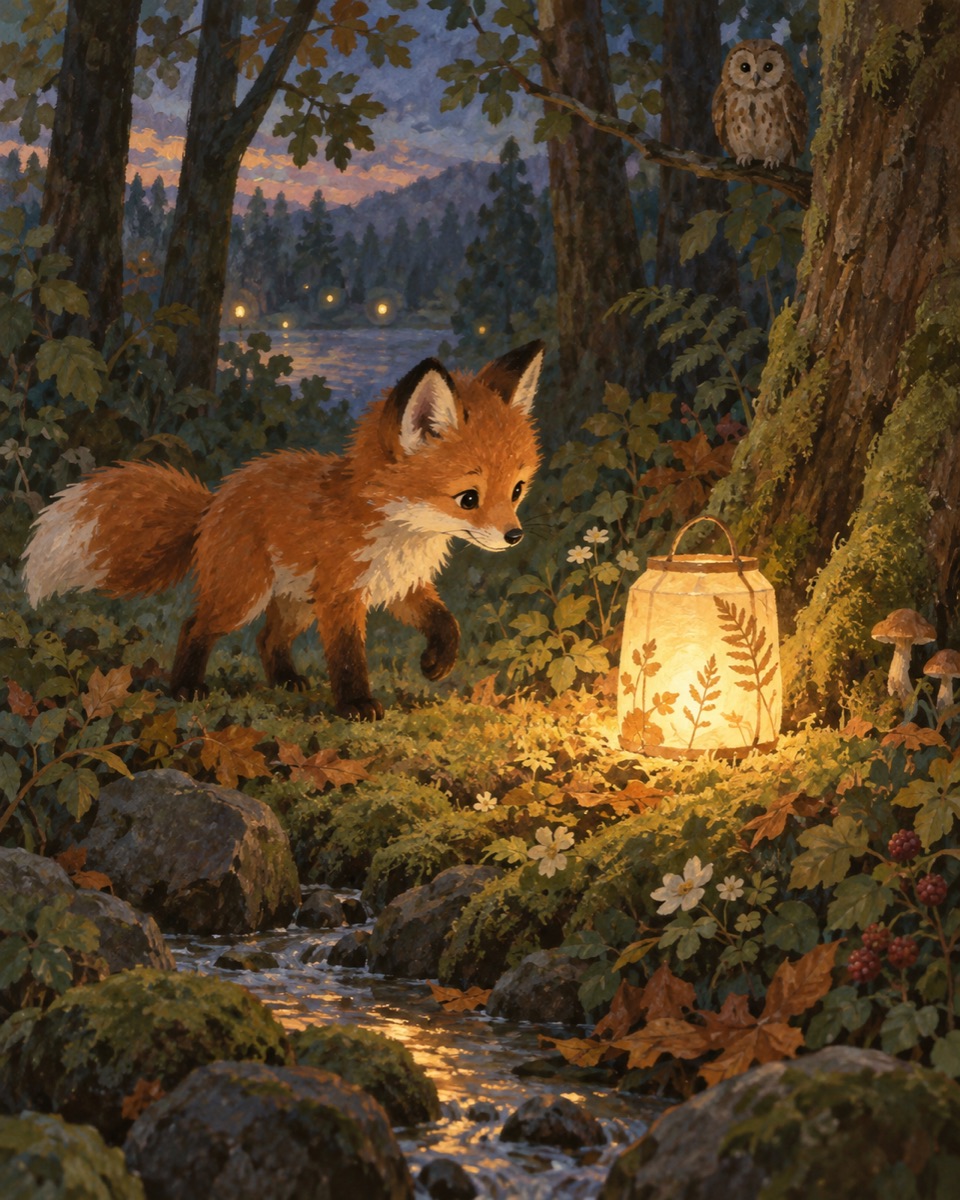 Hand-painted fox discovering a glowing paper lantern in a quiet woodland